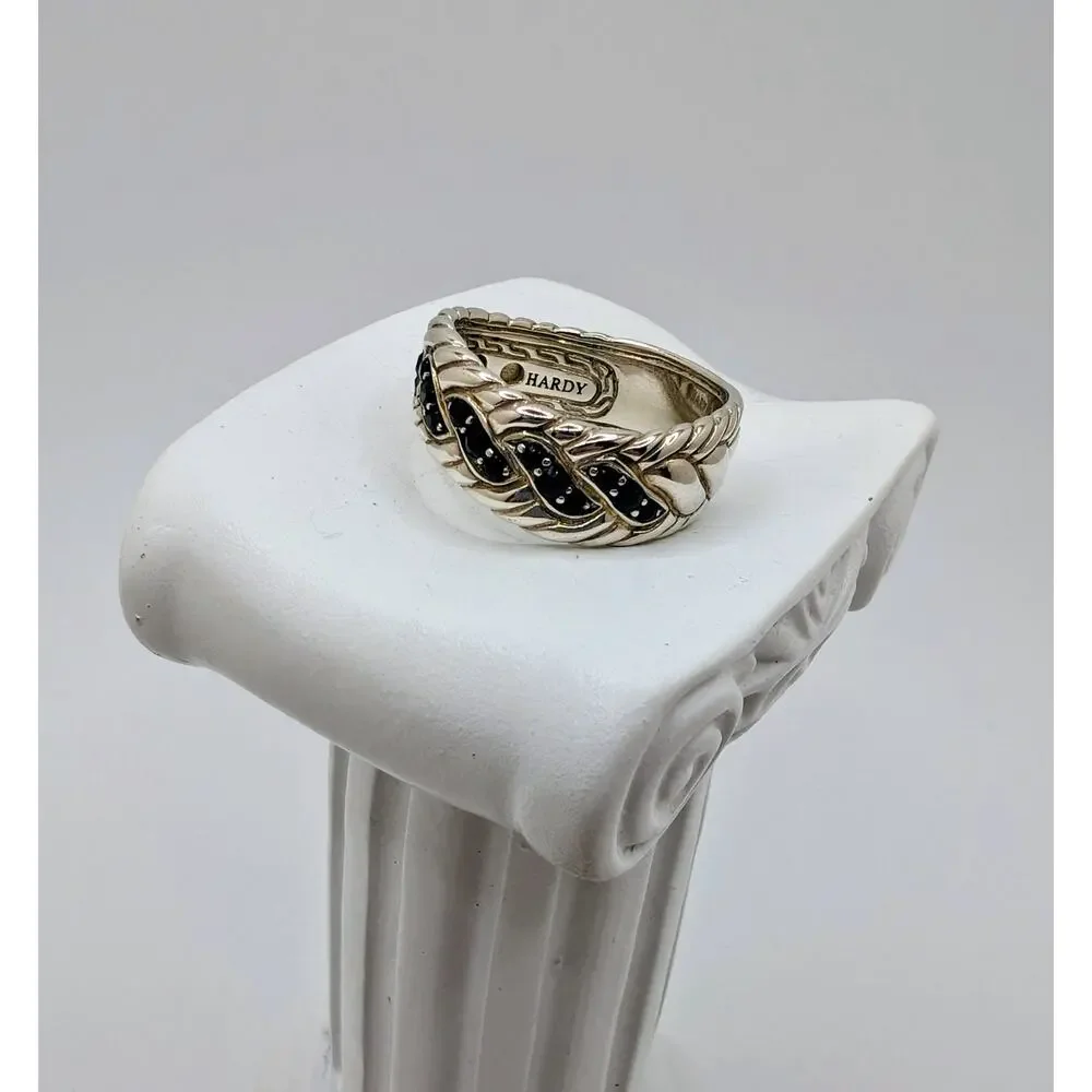 John Hardy Sterling Silver and Black Sapphire Surf Ring Size 8